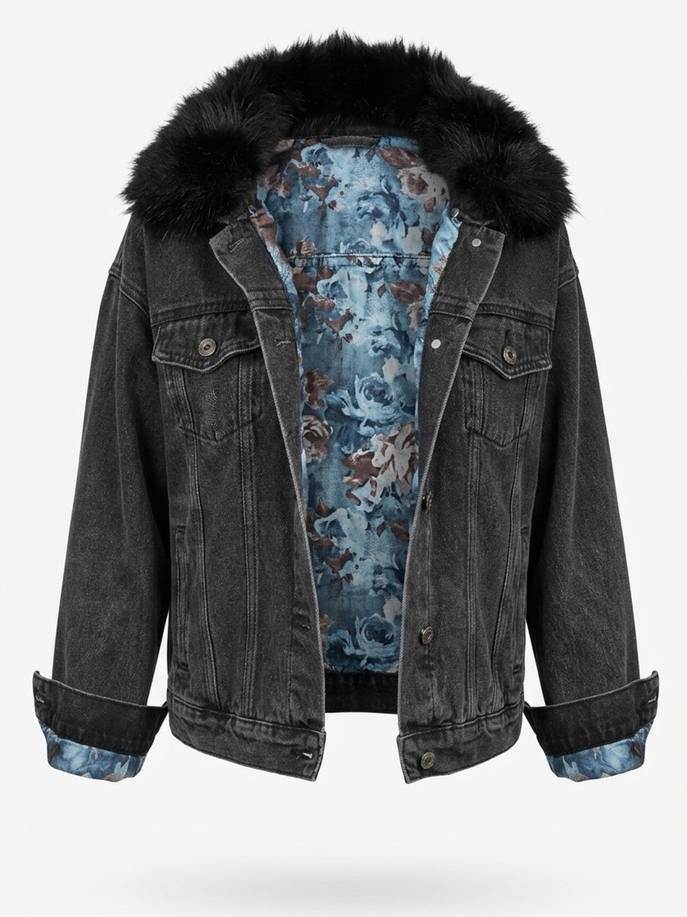 CHARLIE B Black Denim Jacket with Black Faux-Fur Hood and Blue Floral Lining